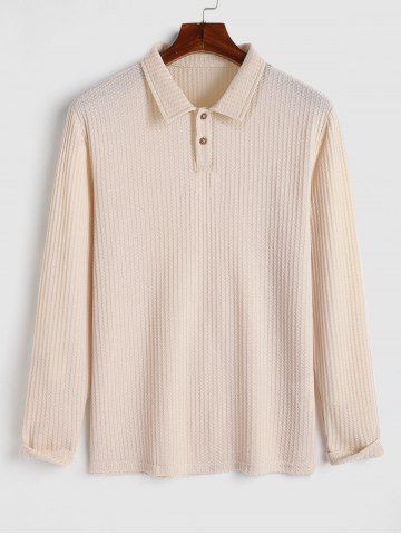Polo Collar Solid Color Long Sleeves Textured T Shirt - LIGHT COFFEE - L