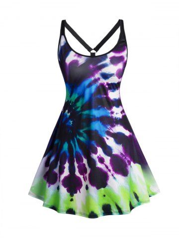 Plus Size Colored Tie Dye Swirl Print Cut Out A Line Mini Curve Dress - MULTI-A - 3X