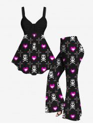 Plus Size Valentine's Day Skull Heart Cross Crown Bone Printed Cinched Tank Top and Flare Pants Outfit -  