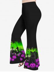 Plus Size Pumpkin Cross Cat Bat Colorblock Print Halloween Flare Pants -  