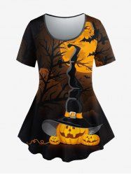 Plus Size Hat Pumpkin Moon Tree Owl Print Halloween T-shirt -  