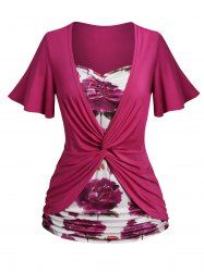 Plus Size Faux Twinset Twist Cinched Side Flutter Sleeve Casual T Shirt -  