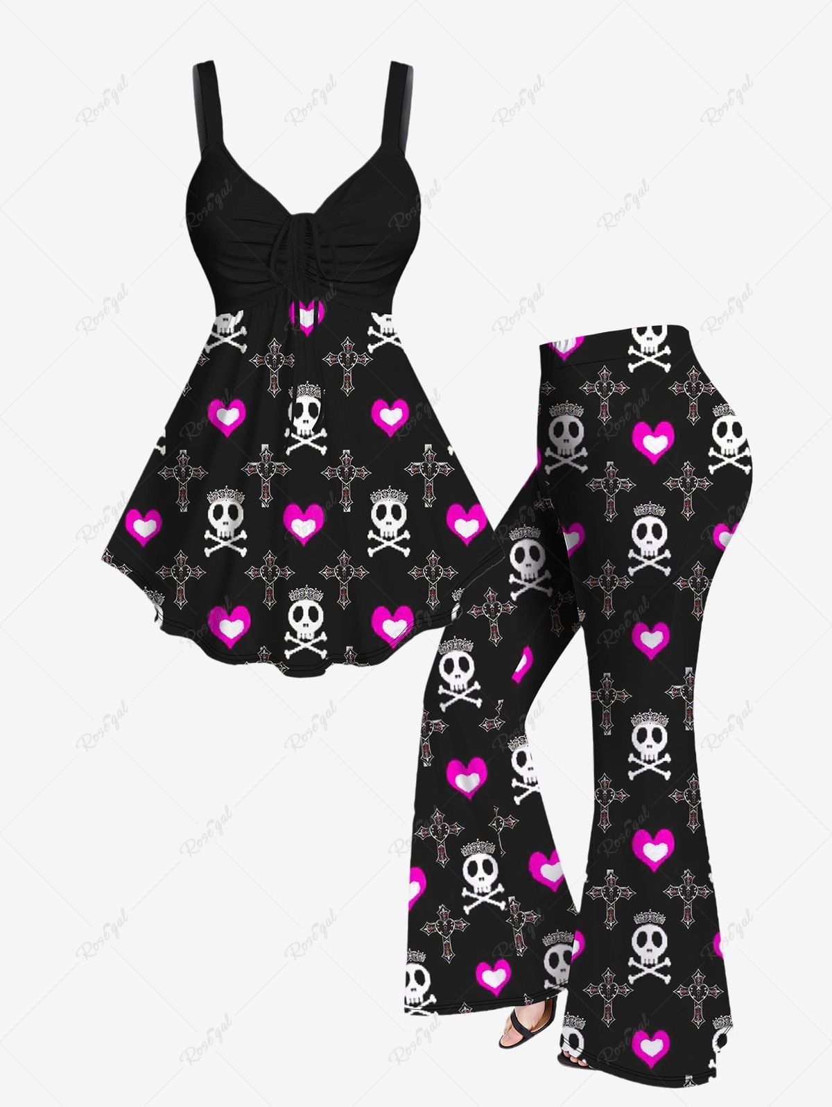 Hot Plus Size Valentine's Day Skull Heart Cross Crown Bone Printed Cinched Tank Top and Flare Pants Outfit  