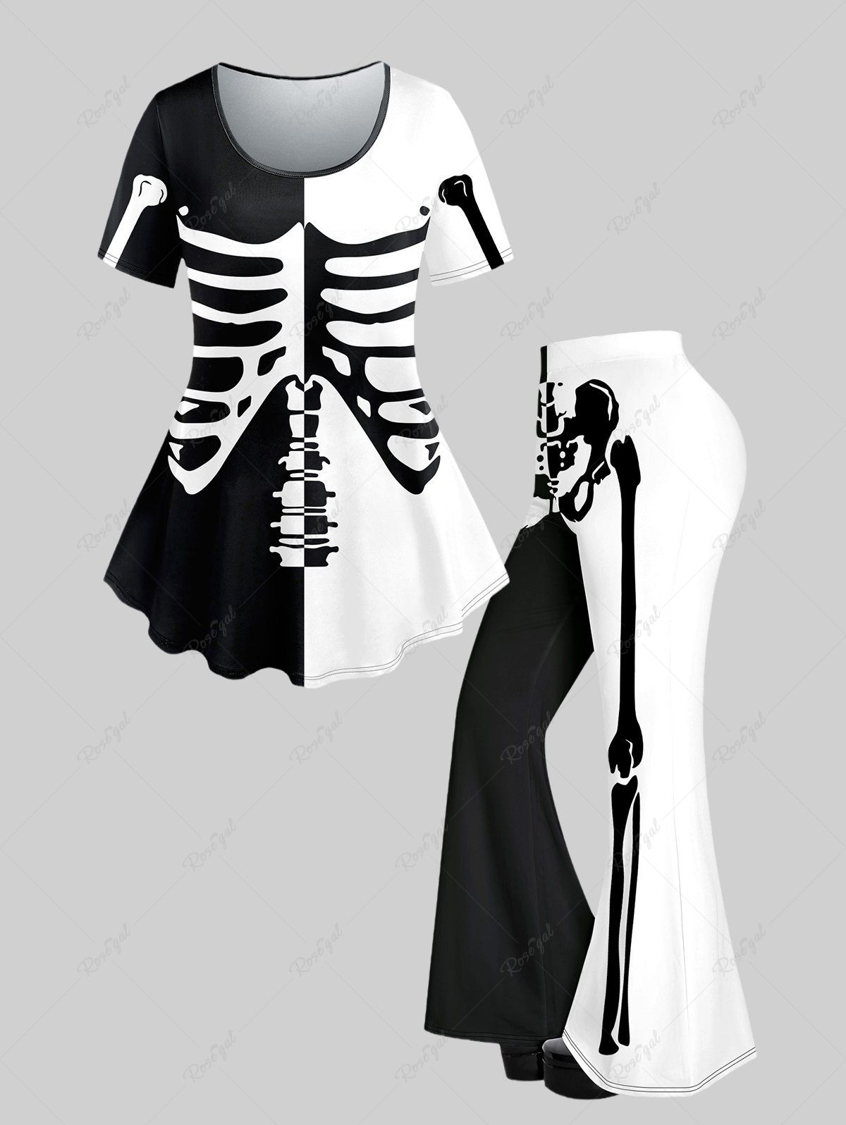Outfits Halloween Costume Skeleton Printed Two Tone T-shirt and Flare Pants Outfit  