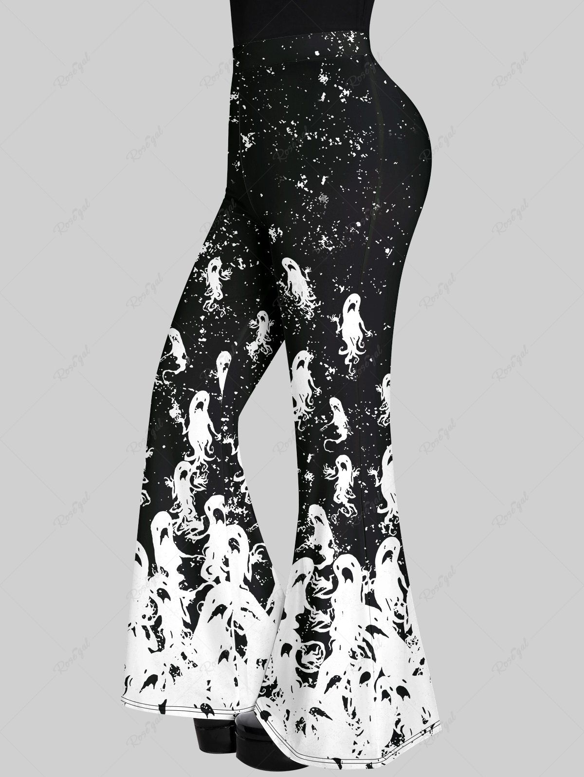 Discount Plus Size Ghost Print Halloween Flare Pants  