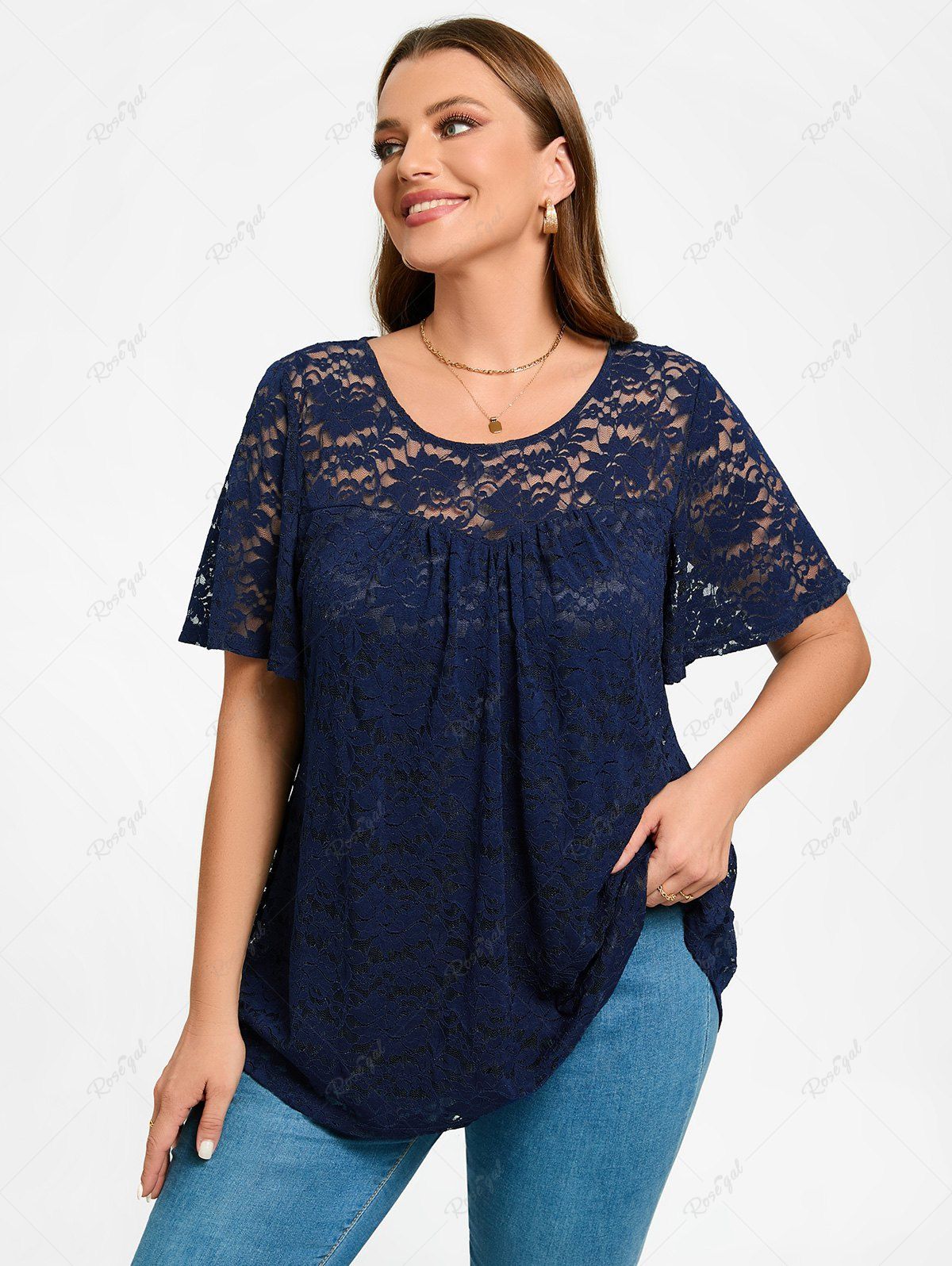 Discount Plus Size Lace Flutter Sleeves Tee  