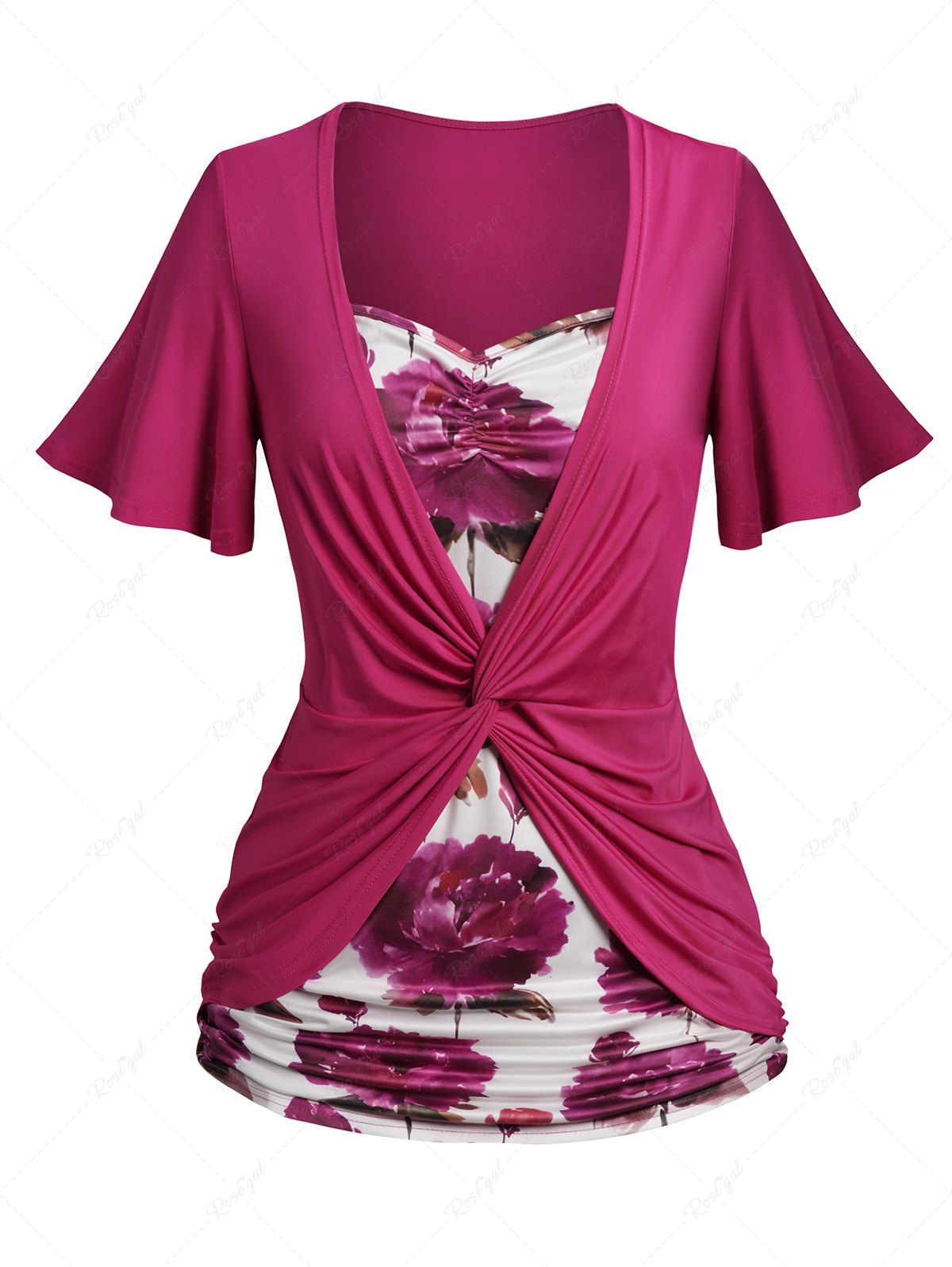 Outfit Plus Size Faux Twinset Twist Cinched Side Flutter Sleeve Casual T Shirt  