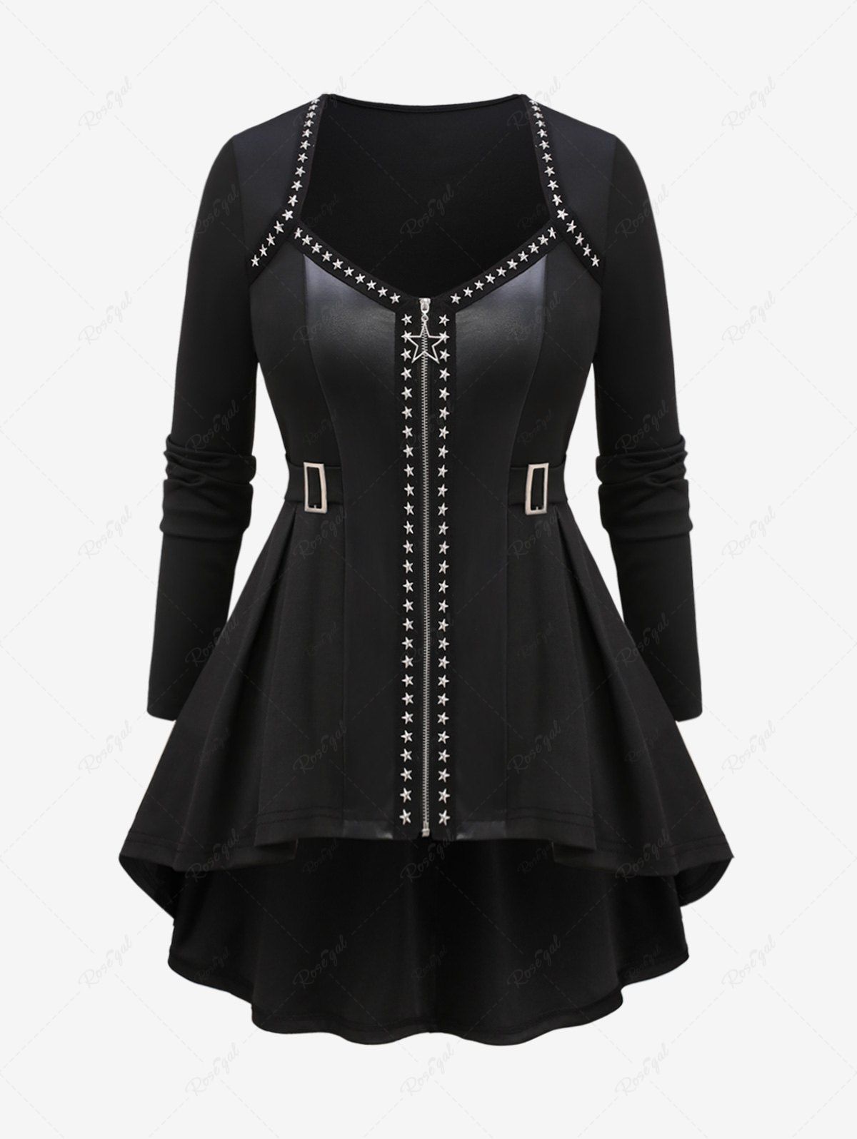 Outfit Plus Size Star Rivet Buckles PU Leather Patchwork Zipper Coat  
