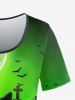 T-shirt D'Halloween Chat Citrouille et Chauve-souris Imprimés Croisé en Blocs de Couleurs de Grande Taille - Vert 6X