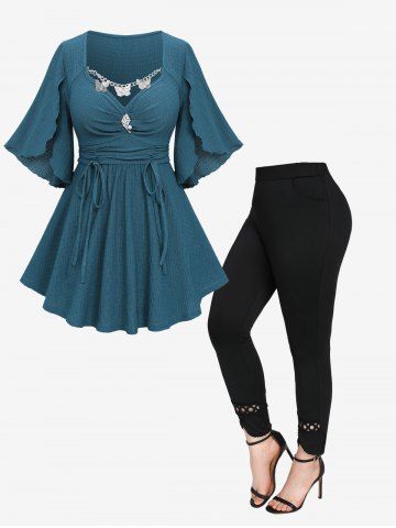Butterfly Chain Panel Cinched Buckle Ruched Split Sleeves T-shirt and Hollow Out Lace Trim Pockets Leggings Plus Size Outfit - DEEP GREEN