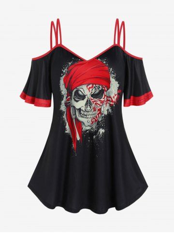 Plus Size Gothic Skulls Printed Two Tone Cold Shoulder Tee - BLACK - L | US 12