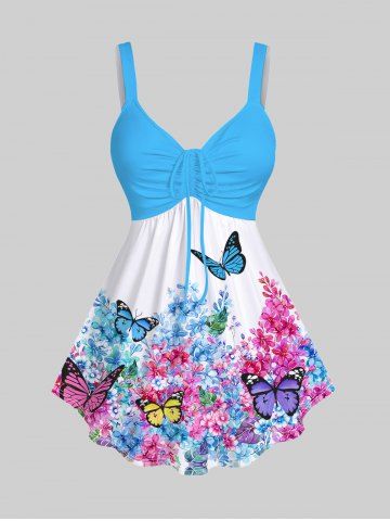 Plus Size Butterfly Floral Print Cinched Tank Top - LIGHT BLUE - S