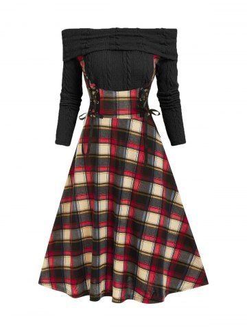 Off The Shoulder Lace Up Plaid  2 in 1 Dress - BLACK - XXL