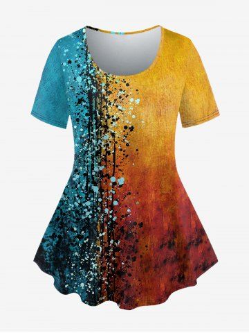 Plus Size Painting Splatter Patchwork Print Ombre T-shirt - BLUE - XS