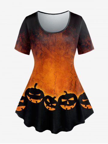 Plus Size Pumpkin Print Halloween Short Sleeves T-shirt - ORANGE - XS
