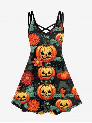Gothic Pumpkin Leaf Print Crisscross Halloween Cami Dress - MULTI-A - 5X