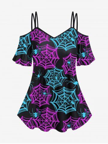 Gothic Colorful Spider Web Print Cold Shoulder Cami T-shirt - MULTI-A - M