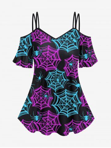 Gothic Colorful Spider Web Print Cold Shoulder Cami T-shirt - MULTI-A - L