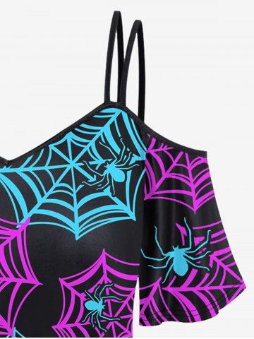 Gothic Colorful Spider Web Print Cold Shoulder Cami T-shirt