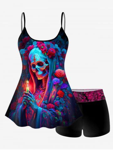 Plus Size Skull Candle Floral Print Padded Boyleg Tankini Swimsuit (Adjustable Shoulder Strap) - BLUE - 1X