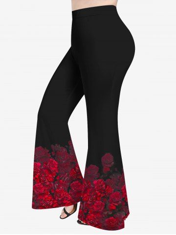 Plus Size Floral Rose Print Valentines Flare Pants - RED - L