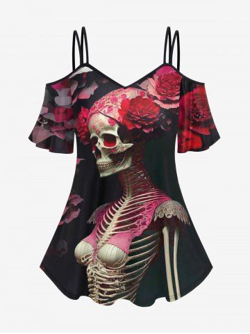 T-shirt D'Halloween à Bretelle Fleuri Squelette Imprimée à Epaule Dénudée de Grande Taille - RED - XS