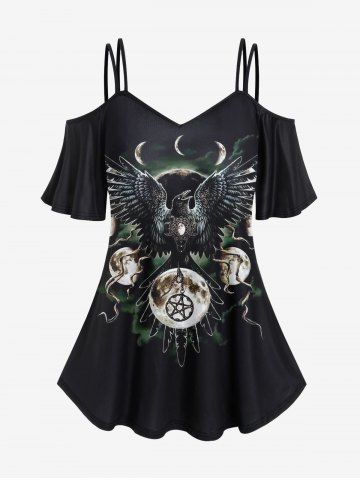 Plus Size Eagle Pentagram Moon Print Cold Shoulder Cami T-shirt