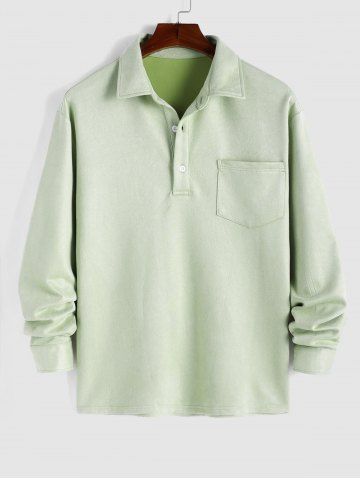 Men's Basic Solid Color Front Pocket Design Long Sleeves Polo Collar Casual Shirt - LIGHT GREEN - M