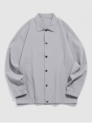 Men's Daily Long Sleeve Seersucker Textured Turn Down Collar Button Up Long Sleeve Shacket - GRAY - S