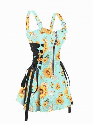Vacation Flower Print Zip Up Lace Up Adjustable Strap High Waisted A Line Mini Dress