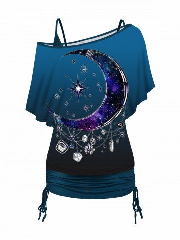 Moon and Star Print Skew Neck T Shirt and Cinched Ruched Camisole Set - DEEP BLUE - S