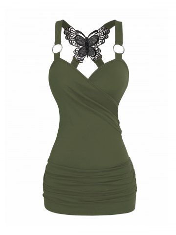 Ruched Butterfly Lace O Ring Tank Top - GREEN - XXXL