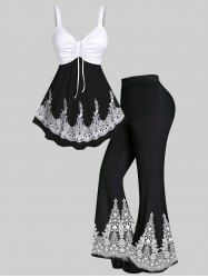 Floral Lace Panel Print Cinched Tank Top And  Paisley Figure Print Flare Pants Gothic Outfit -  