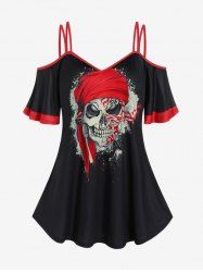 Plus Size Gothic Skulls Printed Two Tone Cold Shoulder Tee -  