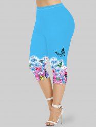Legging Capri Papillon Fleuri Imprimé de Grande Taille - Bleu clair XS