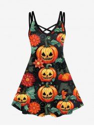 Gothic Pumpkin Leaf Print Crisscross Halloween Cami Dress -  