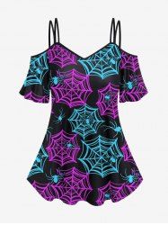 Gothic Colorful Spider Web Print Cold Shoulder Cami T-shirt -  