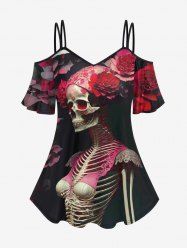T-shirt D'Halloween à Bretelle Fleuri Squelette Imprimée à Epaule Dénudée de Grande Taille - Rouge 6X