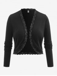 Plus Size Lace Trim Open Front Solid Cropped Cardigan -  