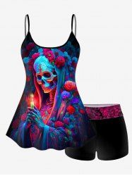 Plus Size Skull Candle Floral Print Padded Boyleg Tankini Swimsuit (Adjustable Shoulder Strap) -  