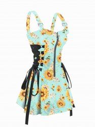Mini Robe Ligne A à Bretelle Ajustable Zippée à Imprimé Fleur à Taille Haute à Lacets de Vacance - Vert clair M
