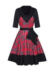 Plaid Houndstooth Pattern Self Belted Short Sleeve High Waisted A Line Mini Dress -  