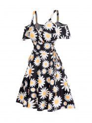 Mini Robe Ligne A à Imprimé Fleur Epaule Dénudée à Taille Haute à Lacets - Noir M