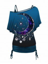 Moon and Star Print Skew Neck T Shirt and Cinched Ruched Camisole Set -  