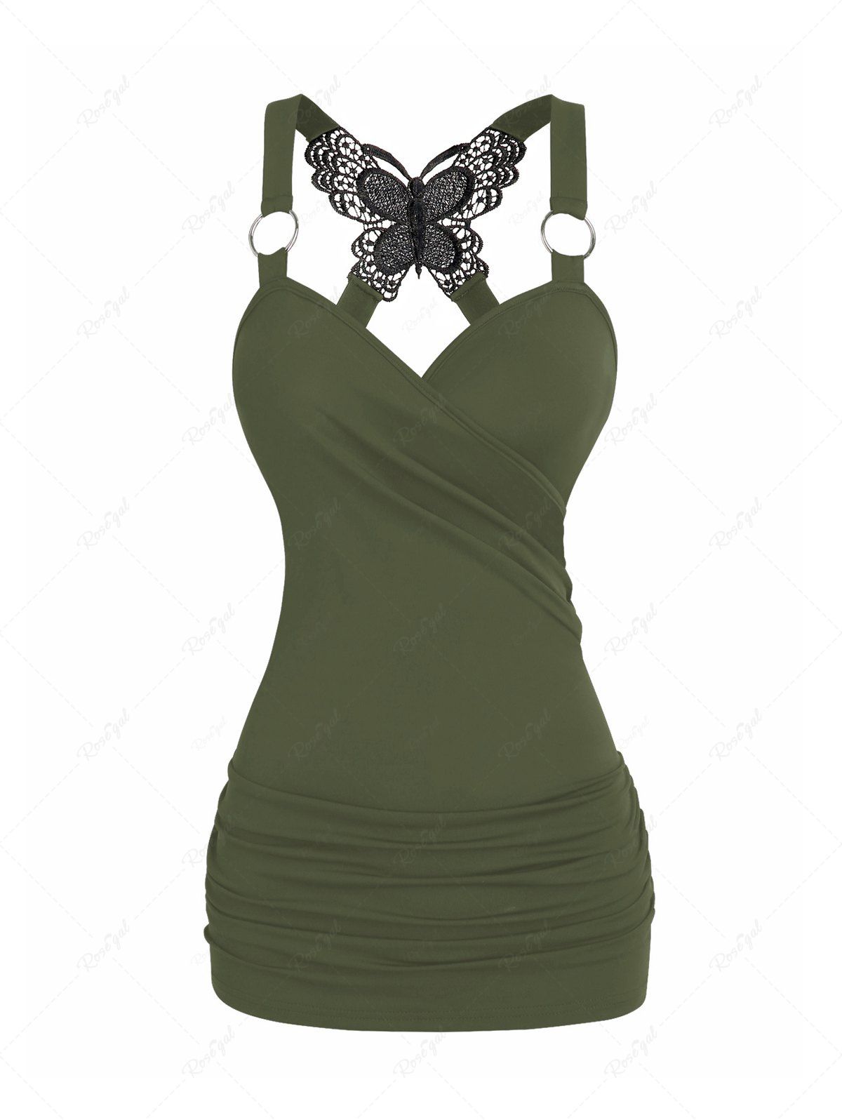 Fashion Ruched Butterfly Lace O Ring Tank Top  