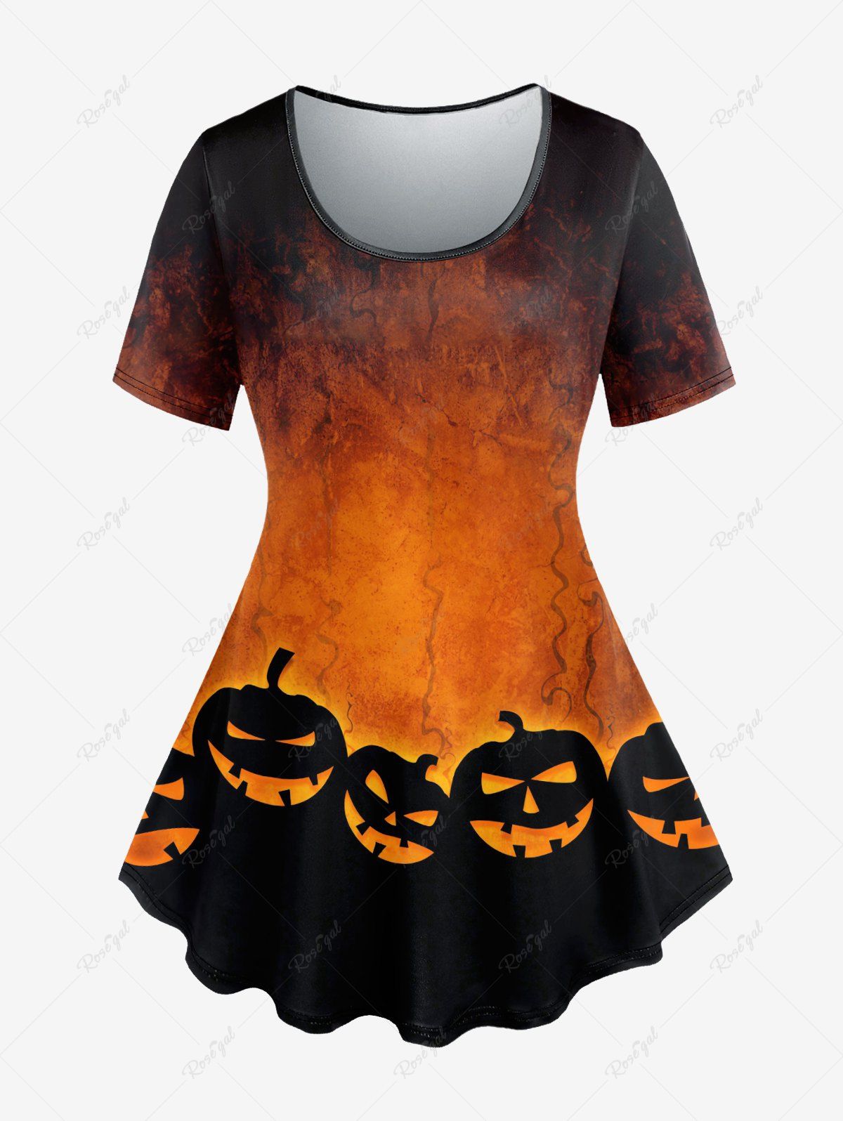Chic Plus Size Pumpkin Print Halloween Short Sleeves T-shirt  