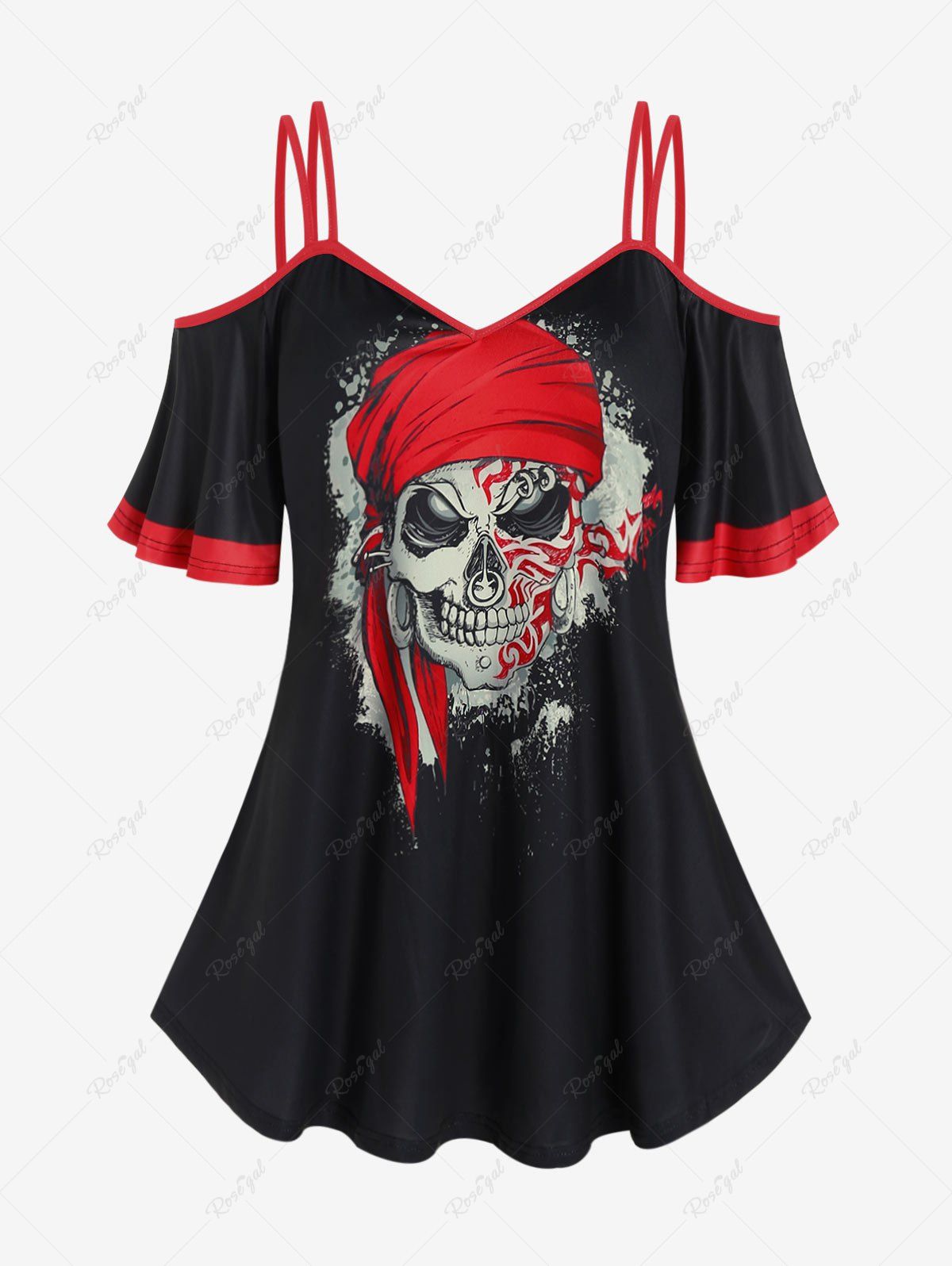 T-shirt Gothique Bicolore à Imprimé Crâne à Epaule Dénudée de Grande Taille Noir 1X | US 14-16