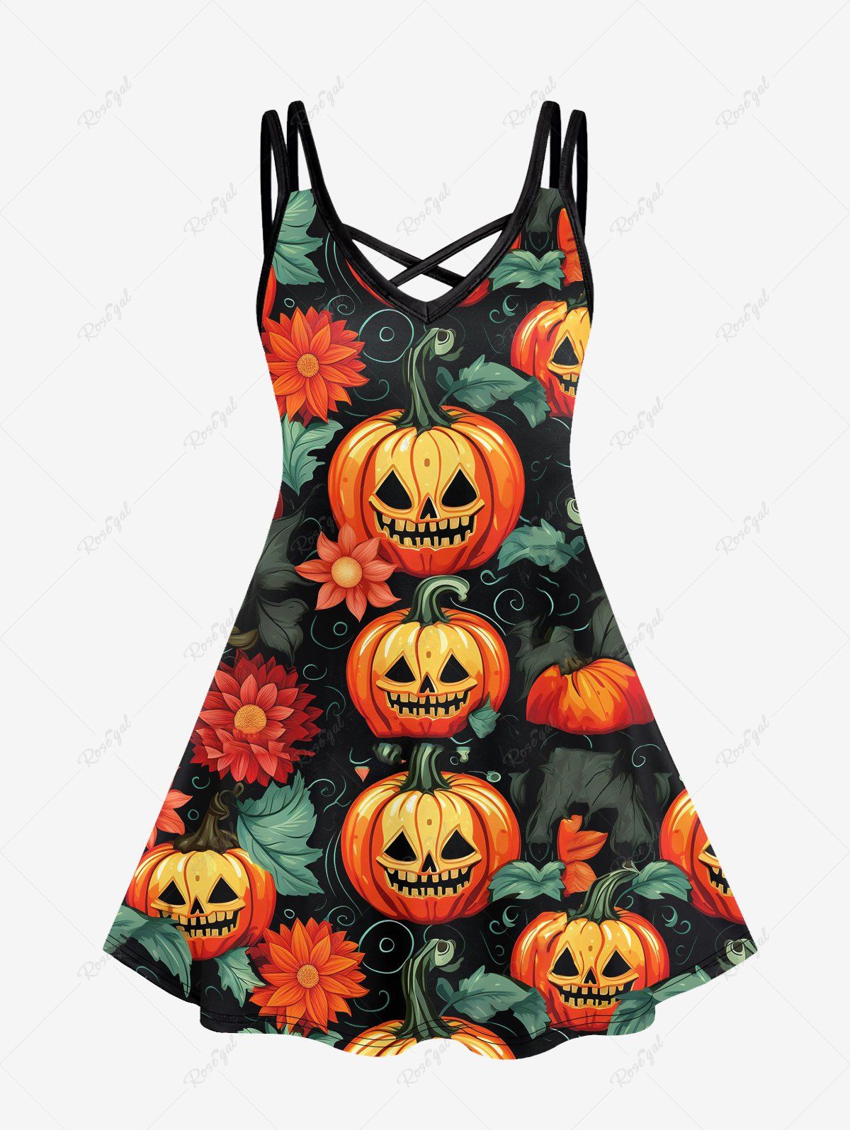 Hot Gothic Pumpkin Leaf Print Crisscross Halloween Cami Dress  