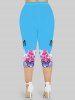 Legging Capri Papillon Fleuri Imprimé de Grande Taille - Bleu clair XS