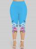 Legging Capri Papillon Fleuri Imprimé de Grande Taille - Bleu clair XS